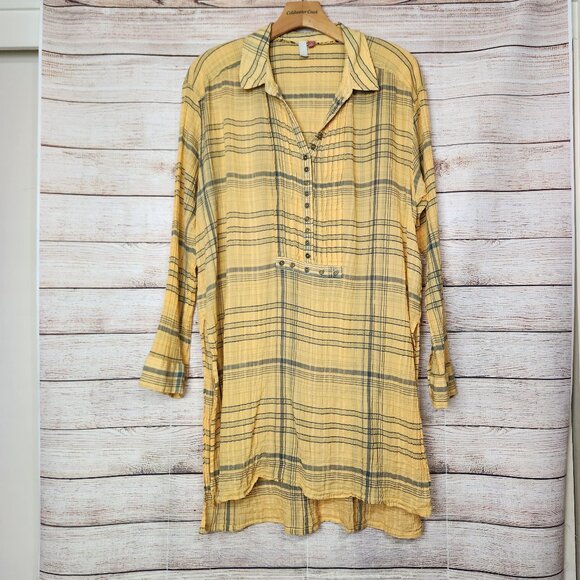 Pilcro Gold Gray Plaid Long Sleeve Button Up Side Slit Collar Long Tunic Top L - Picture 1 of 16